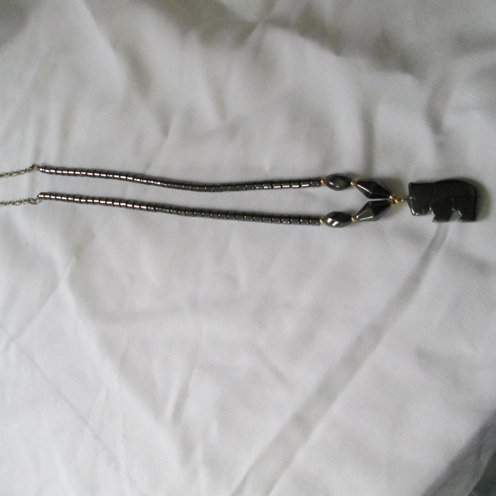 Hematite Bead Necklace With Bear Pendant